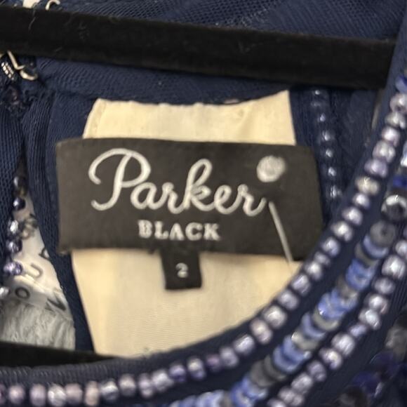 Parker Black Sequin Cold Shoulder Embellished Gown Leg Slit Blue Size 2 Elegant - Picture 4 of 6